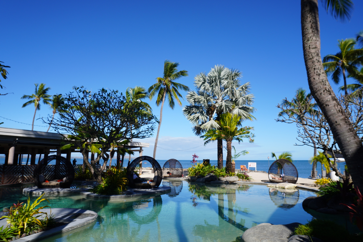 A morning stroll at the Sheraton, and our blue front-row seat. 